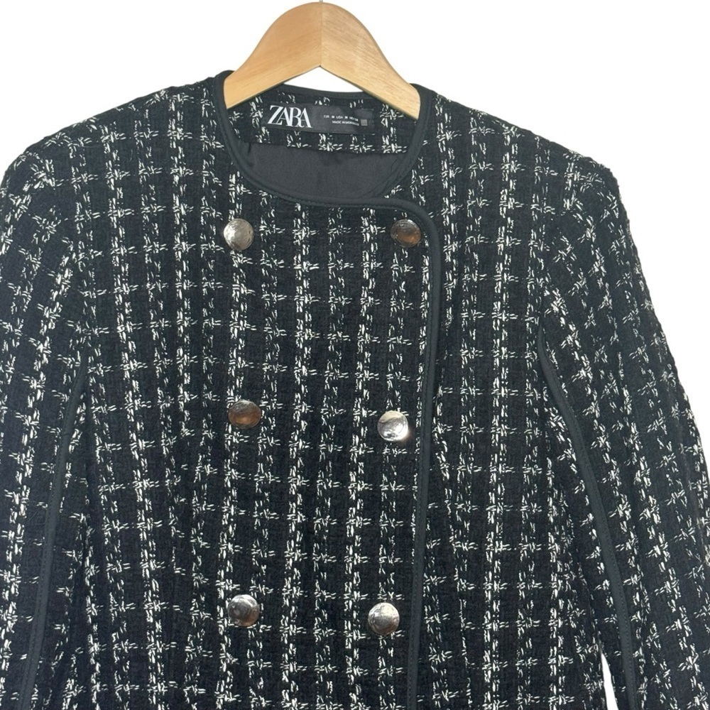 Zara Womens Tweed Woven Button Down Coat Black White SZ. M - Picture 3 of 6